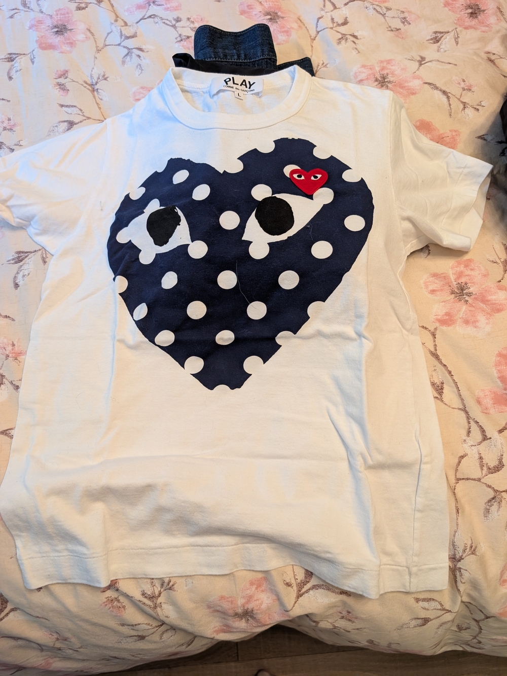 Comme des Garçons Woman'sWhite Tee with Navy Polka-Dot Heart and Small Red Heart